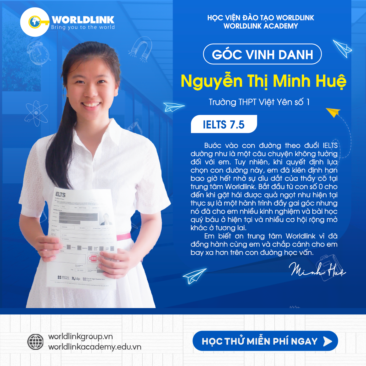 Học viên Nguyễn Thị Minh Huệ - IELTS 7.5 Overall